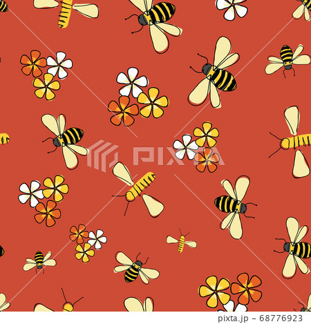 spring flight, Bees and flowers seamless pattern Vector on orange background. spring flight, Bees and flowers seamless pattern Vector on orange background. 68776923