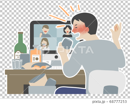 オンライン飲み会で飲み過ぎて酔っ払う男性のイラストのイラスト素材