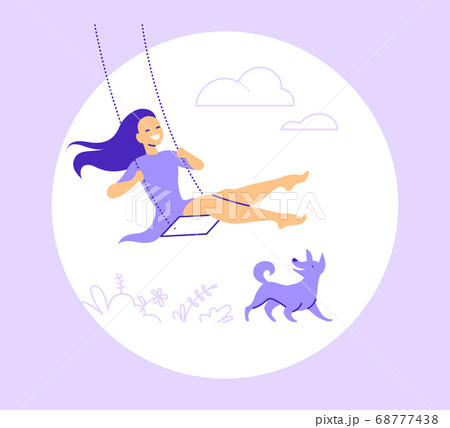 Vector illustration with young smiling girl swing on a swing on nature with clouds and grass, happy dog isolated on white background. 68777438