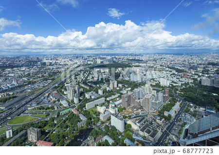 Aerial view of center of Moscow from observation deck  Federation Tower in International Business Center (City), Russia.  68777723
