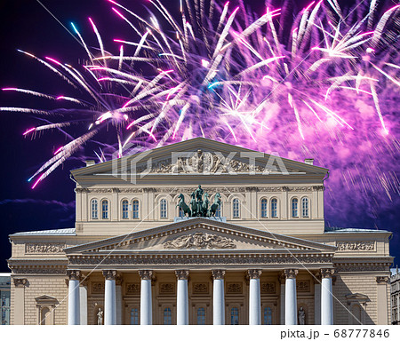 Fireworks over the Bolshoi Theatre (Large, Great or Grand Theatre, also spelled Bolshoy) during Victory Day (WWII), Moscow, Russia 68777846