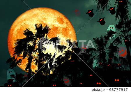 pink Full Hunger Moon on night sky back silhouette pink Full Hunger Moon on night sky back silhouette 68777917
