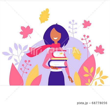 Happy girls in Autumn. Positive Student with books smiling. Beautiful Girl wearing  scarf on background of leaves. Trendy vector illustration for web, app, print.  68778056