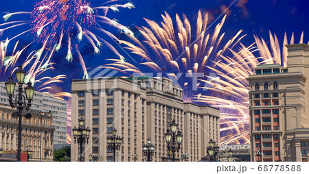 Fireworks over the building of the State Duma of the Federal Assembly of Russian Federation during Victory Day (WWII), Moscow, Russia 68778588