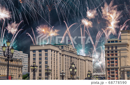 Fireworks over the building of the State Duma of the Federal Assembly of Russian Federation during Victory Day (WWII), Moscow, Russia 68778590