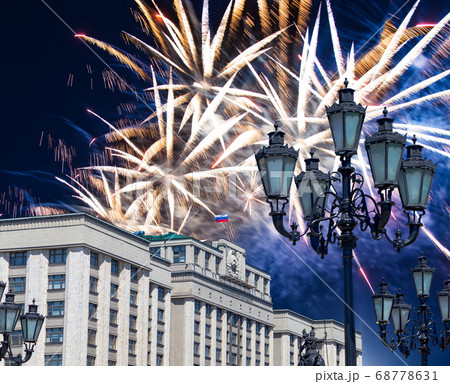 Fireworks over the building of the State Duma of the Federal Assembly of Russian Federation during Victory Day (WWII), Moscow, Russia Fireworks over the building of the State Duma of the Federal Assembly of Russian Federation during Victory Day (WWII), Moscow, Russia 68778631
