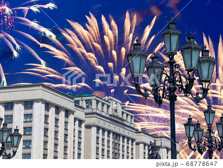 Fireworks over the building of the State Duma of the Federal Assembly of Russian Federation during Victory Day (WWII), Moscow, Russia Fireworks over the building of the State Duma of the Federal Assembly of Russian Federation during Victory Day (WWII), Moscow, Russia 68778647