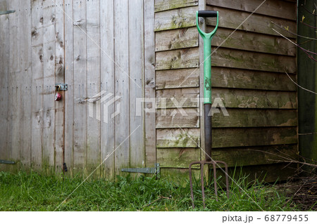 Old Garden Shed and Rusting Garden Fork Old Garden Shed and Rusting Garden Fork 68779455