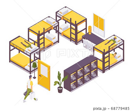 A man with luggage goes to bed at hostel. Hostel A man with luggage goes to bed at hostel. Hostel 68779485