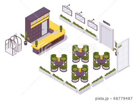 Isometric 3d interior hotel lobby, hostel. Check 68779487