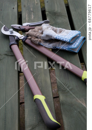 Garden Tools and Gloves on a Wooden Bench Garden Tools and Gloves on a Wooden Bench 68779617