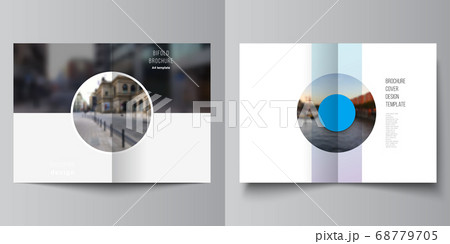 Vector layout of two A4 cover mockups templates for bifold brochure, flyer, magazine, cover design, book design. Background template with rounds, circles for IT, technology. Minimal style. Vector layout of two A4 cover mockups templates for bifold brochure, flyer, magazine, cover design, book design. Background template with rounds, circles for IT, technology. Minimal style. 68779705