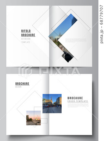 Vector layout of two A4 format cover mockups design templates with geometric simple shapes, lines and photo place for bifold brochure, flyer, magazine, cover design, book, brochure cover. Vector layout of two A4 format cover mockups design templates with geometric simple shapes, lines and photo place for bifold brochure, flyer, magazine, cover design, book, brochure cover. 68779707