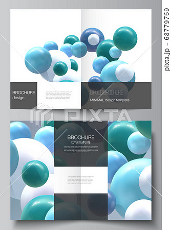Vector layout of two A4 cover mockups template for bifold brochure, flyer, magazine, cover design, book design, brochure cover. Realistic vector background with multicolored 3d spheres, bubbles, balls 68779769