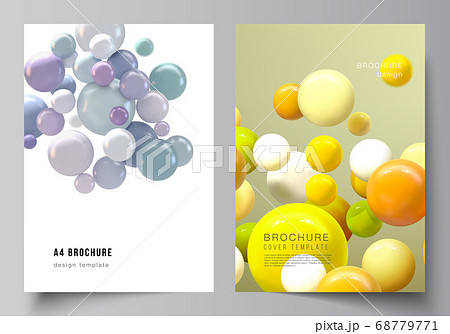 Vector layout of A4 cover mockups templates for brochure, flyer layout, booklet, cover design, book design. Abstract vector futuristic background with colorful 3d spheres, glossy bubbles, balls. 68779771