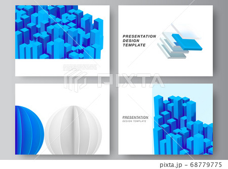 Vector layout of presentation slides design templates, template for presentation brochure, brochure cover, business report. 3d render vector composition with dynamic geometric blue shapes in motion. Vector layout of presentation slides design templates, template for presentation brochure, brochure cover, business report. 3d render vector composition with dynamic geometric blue shapes in motion. 68779775