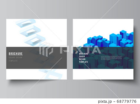 Vector layout of two square format covers templates for brochure, flyer, cover design, book design, brochure cover. 3d render vector composition with dynamic realistic geometric blue shapes in motion. 68779776