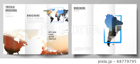 Vector layouts of covers design templates for trifold brochure, flyer layout, book design, brochure cover, advertising. Design template in the form of world maps and colored frames, insert your photo. 68779795