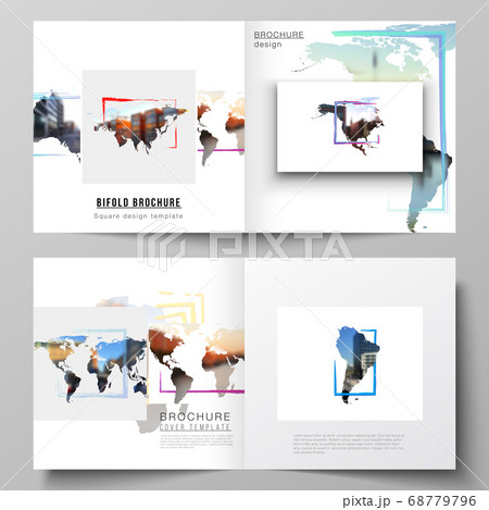 Vector layout of two covers templates for square bifold brochure, flyer, cover design, book design, brochure cover. Design template in the form of world maps and colored frames, insert your photo. 68779796