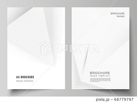 Vector layout of A4 cover mockups design templates for brochure, flyer layout, cover design, book design, brochure cover. Halftone dotted background with gray dots, abstract gradient background. 68779797