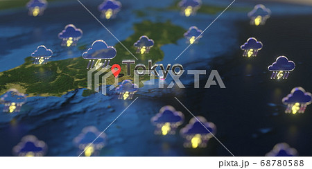 Stormy weather icons near Tokyo city on the map, weather forecast related 3D rendering Stormy weather icons near Tokyo city on the map, weather forecast related 3D rendering 68780588