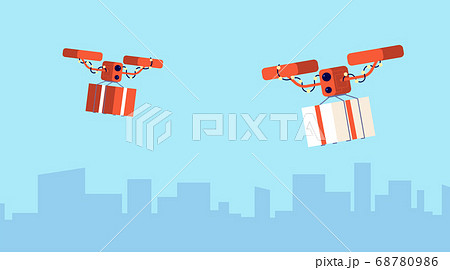 Presents drone delivery. Christmas gift, flying parcels. Digital logistic, modern contactless service purchase to home vector illustration Presents drone delivery. Christmas gift, flying parcels. Digital logistic, modern contactless service purchase to home vector illustration 68780986