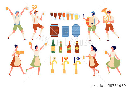 Brewery elements. Beverages bar, beer pub equipment. Isolated craft alcohol products and bottling. Oktoberfest people vector illustration Brewery elements. Beverages bar, beer pub equipment. Isolated craft alcohol products and bottling. Oktoberfest people vector illustration 68781029