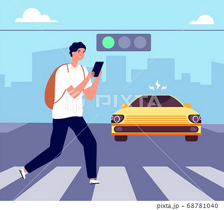 Crosswalk accident. Pedestrian walk crossing street, traffic danger. Man with smartphone violates road rules. Attention vector illustration 68781040