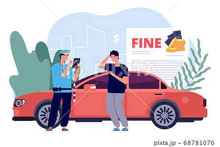 Man and police officer. Policeman writes out fine, traffic violations and improper parking. Financial losses, fines for driving vector illustration Man and police officer. Policeman writes out fine, traffic violations and improper parking. Financial losses, fines for driving vector illustration 68781070