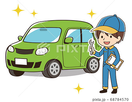 黄緑色の自動車のメンテナンスをする整備士のイラスト素材