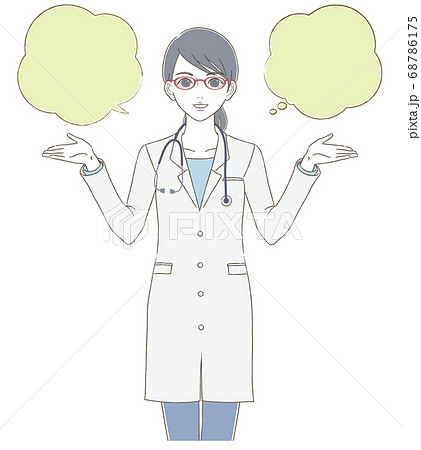 医療 医者手描き風 白衣を着てメガネをかけた女医の上半身イラストのイラスト素材