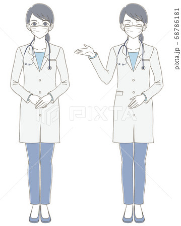医療・医者手描き風　白衣を着てマスクを付けた女性医師の全身イラストセット 68786181