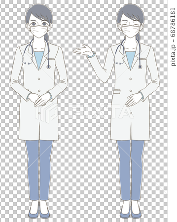 Medical and doctor hand-drawn style full body illustration set of a female doctor wearing a white coat and mask 68786181