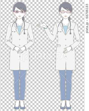 Medical/doctor hand-drawn style full body illustration set of a female doctor wearing a white coat and wearing glasses 68786183