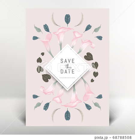 Botanical invitation card template design, pink calla lily flowers and leaves, vintage style 68788508