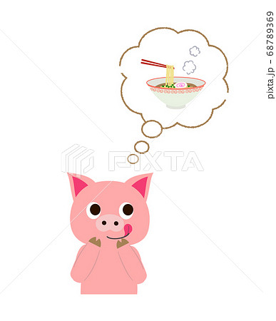 ラーメン食べたいなあと考えているブタさんのイラスト素材