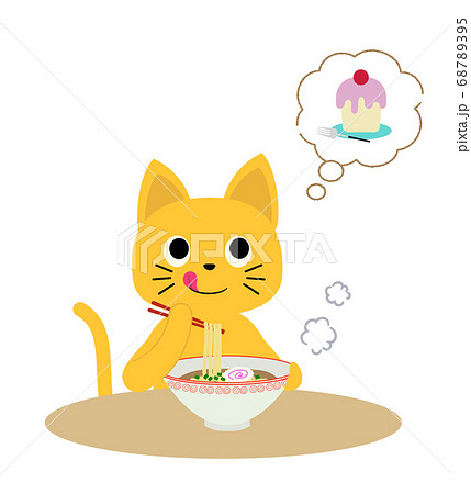 ラーメンを食べながら 食後にケーキを食べようかなあと考えるネコさんのイラスト素材