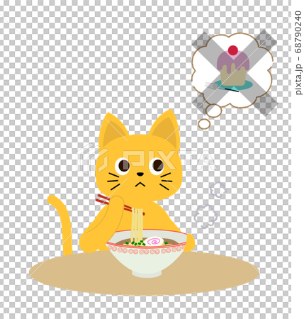 食後にデザートを食べたいけど我慢をしなくてはいけないネコさん 68790240