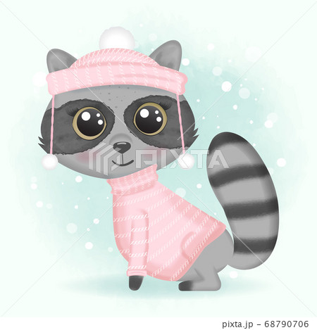 Cute Baby Raccoon And Snow Cartoon Christmas のイラスト素材