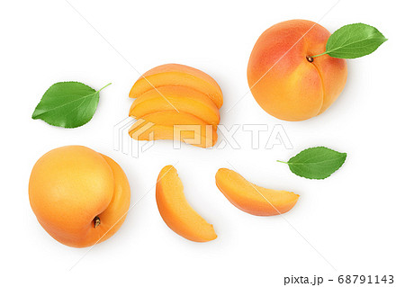 apricot fruit with half and slices isolated on white background. Clipping path. Top view. Flat lay apricot fruit with half and slices isolated on white background. Clipping path. Top view. Flat lay 68791143