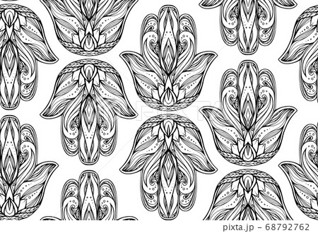 Seamless pattern with contour illustration of Hamsa with boho pattern. Hand of Buddha. Vector background Seamless pattern with contour illustration of Hamsa with boho pattern. Hand of Buddha. Vector background 68792762