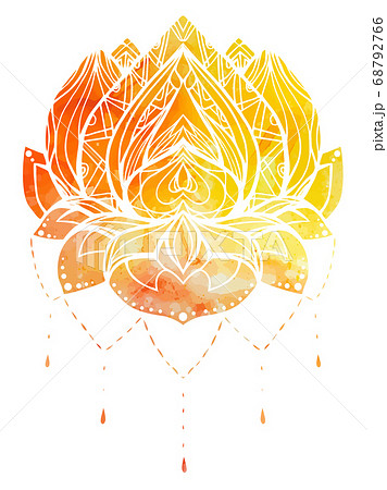 Color Lotus with boho pattern and watercolor background. Vector element 68792766
