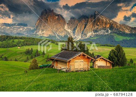 Seiser Alm resort and Langkofel group at sunset, Dolomites, Italy 68794128