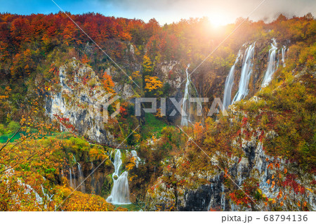 Wonderful autumn landscape with magical waterfalls in Plitvice lakes, Croatia 68794136