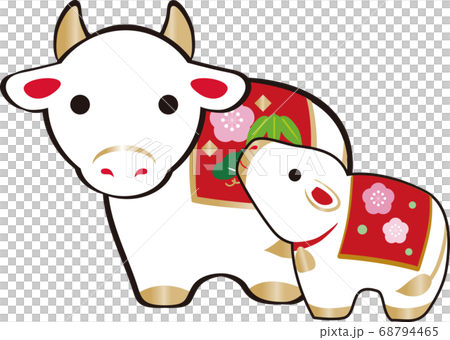 年賀　2021　丑年　土鈴　親子　イラスト素材 68794465