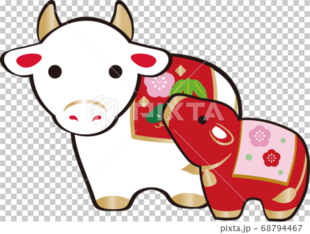 年賀　2021　丑年　土鈴　親子　イラスト素材 68794467