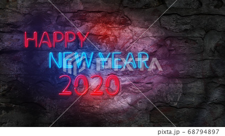 Happy New Year 2020. Glowing Neon Sign Against Brick Wall 68794897