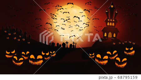 Halloween Pumpkins at Cemetery with Bats Flying Against Full Moon Halloween Pumpkins at Cemetery with Bats Flying Against Full Moon 68795159