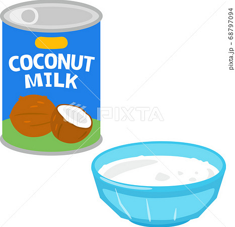 ココナッツミルクの缶詰と皿に入れたココナッツミルクのイラスト素材