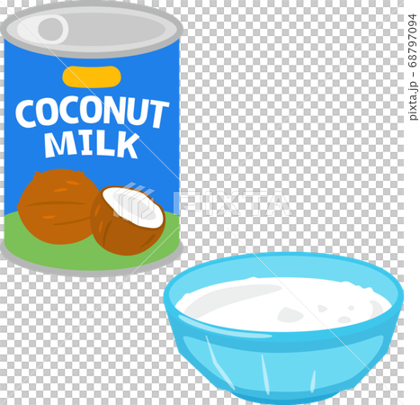 ココナッツミルクの缶詰と皿に入れたココナッツミルク 68797094